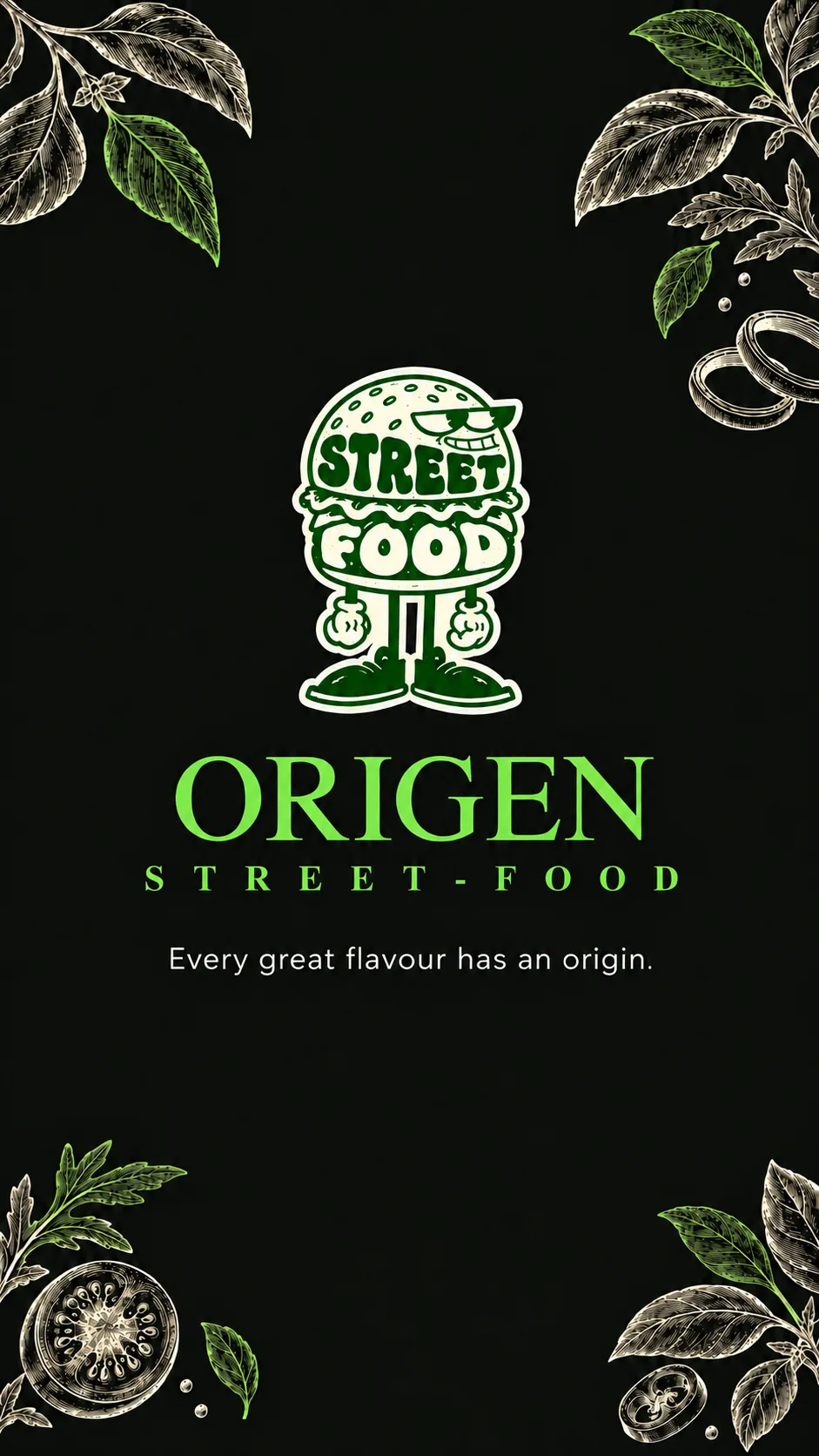 Origen Street Food mascot and wordmark framed by ingredient illustrations. Every great flavour has an origin.