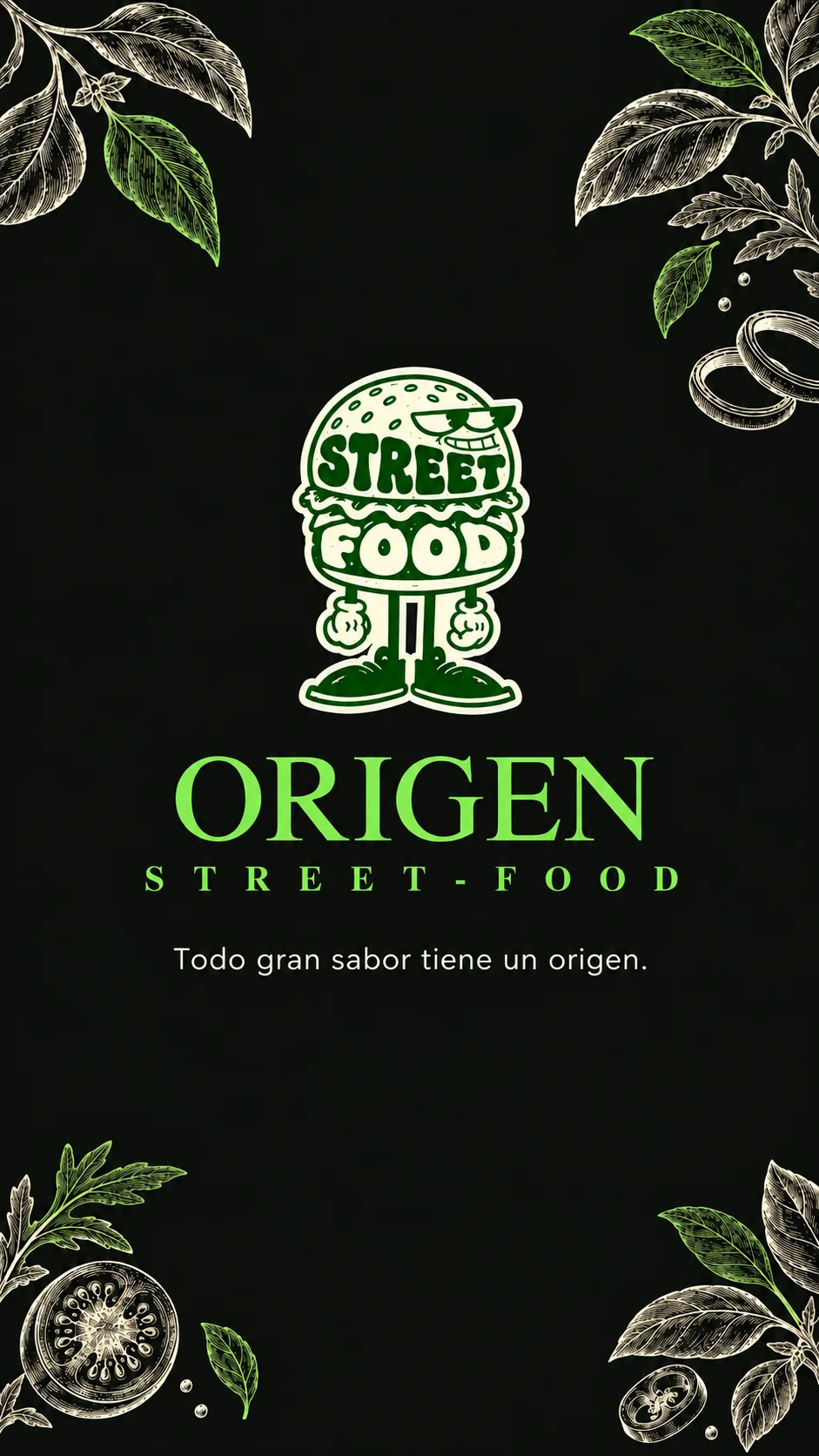Origen Street Food: isologo y logo entre ilustraciones de ingredientes. Todo gran sabor tiene un origen.